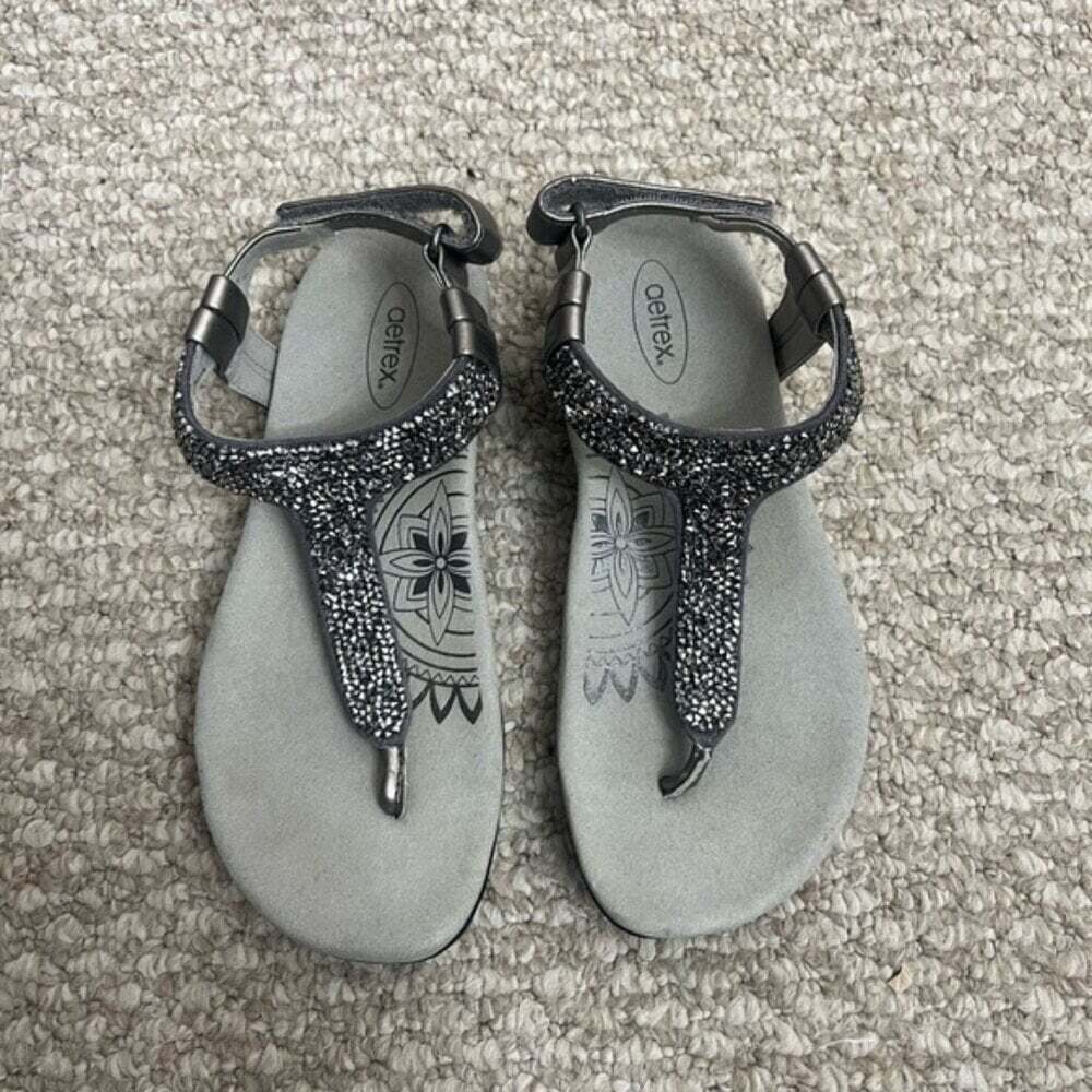 Aetrex® Lindsey Embellished Arch Support Memory Foam Sandal silver gray size  5